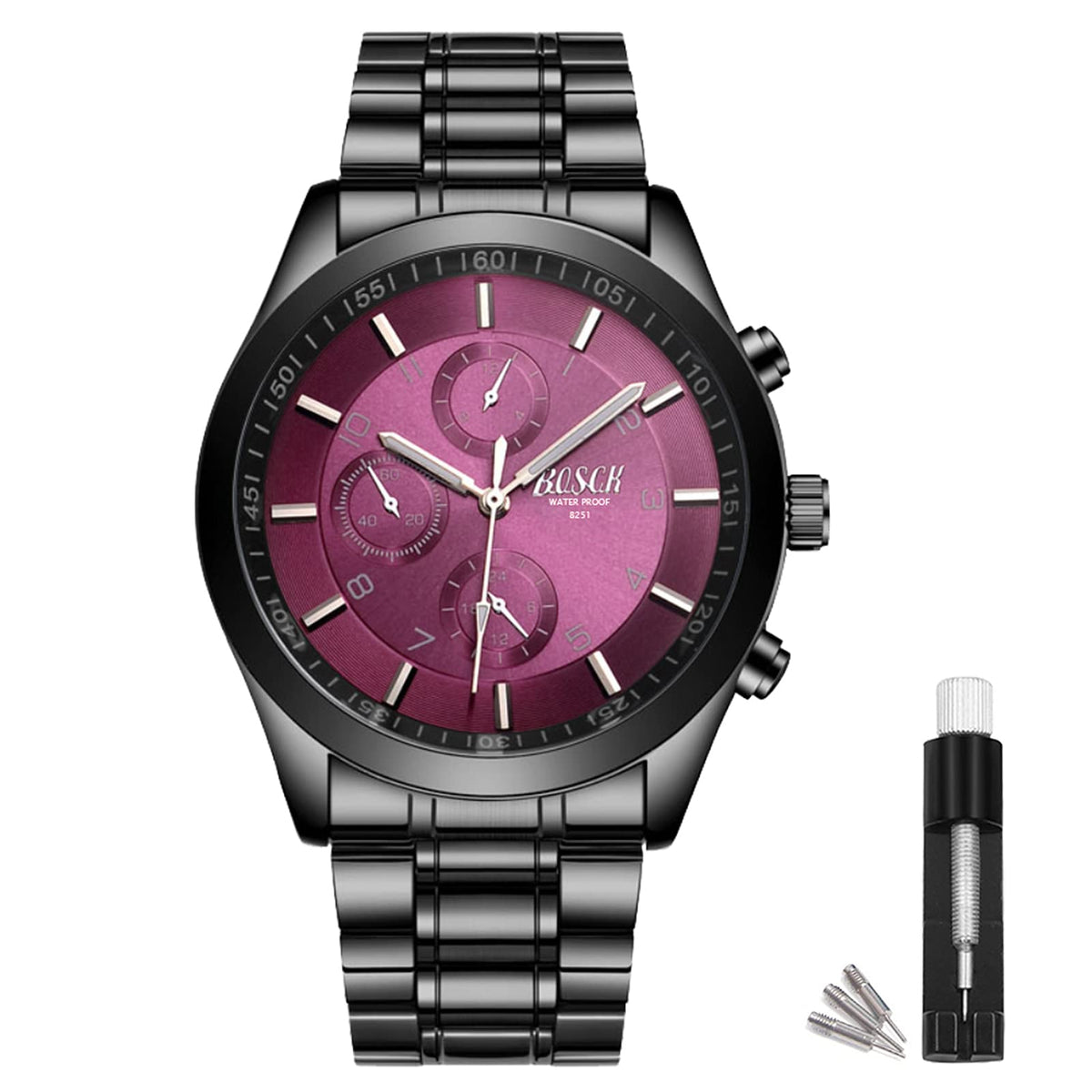 40mm Analog Watch with Auto Date & Day Display, Stainless Steel, 30M Waterproof H831598