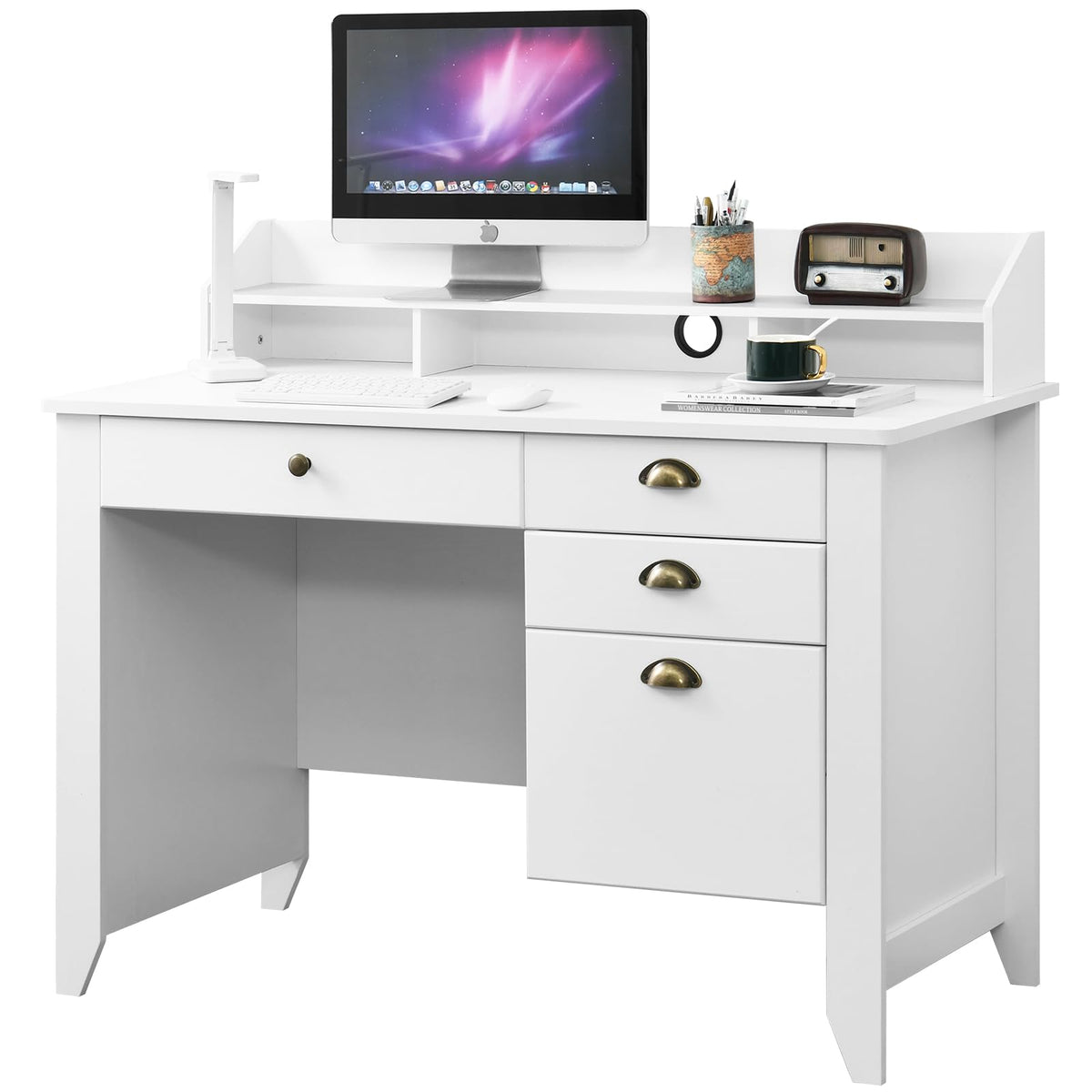 White Computer Desk with Drawers and Hutch B18459