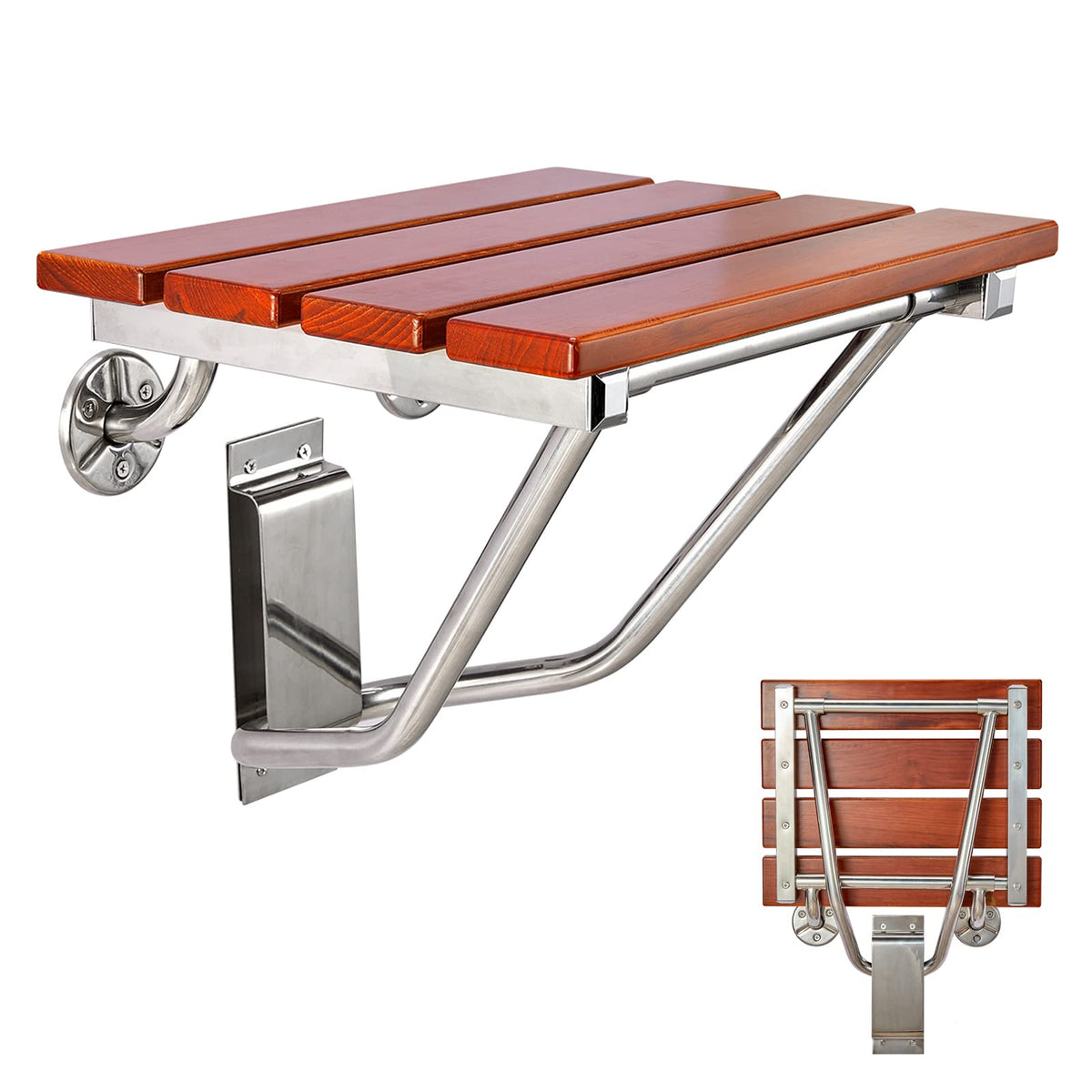 Teak Wood Wall Mounted Folding Shower Seat and Bench 350lb Capacity R9445