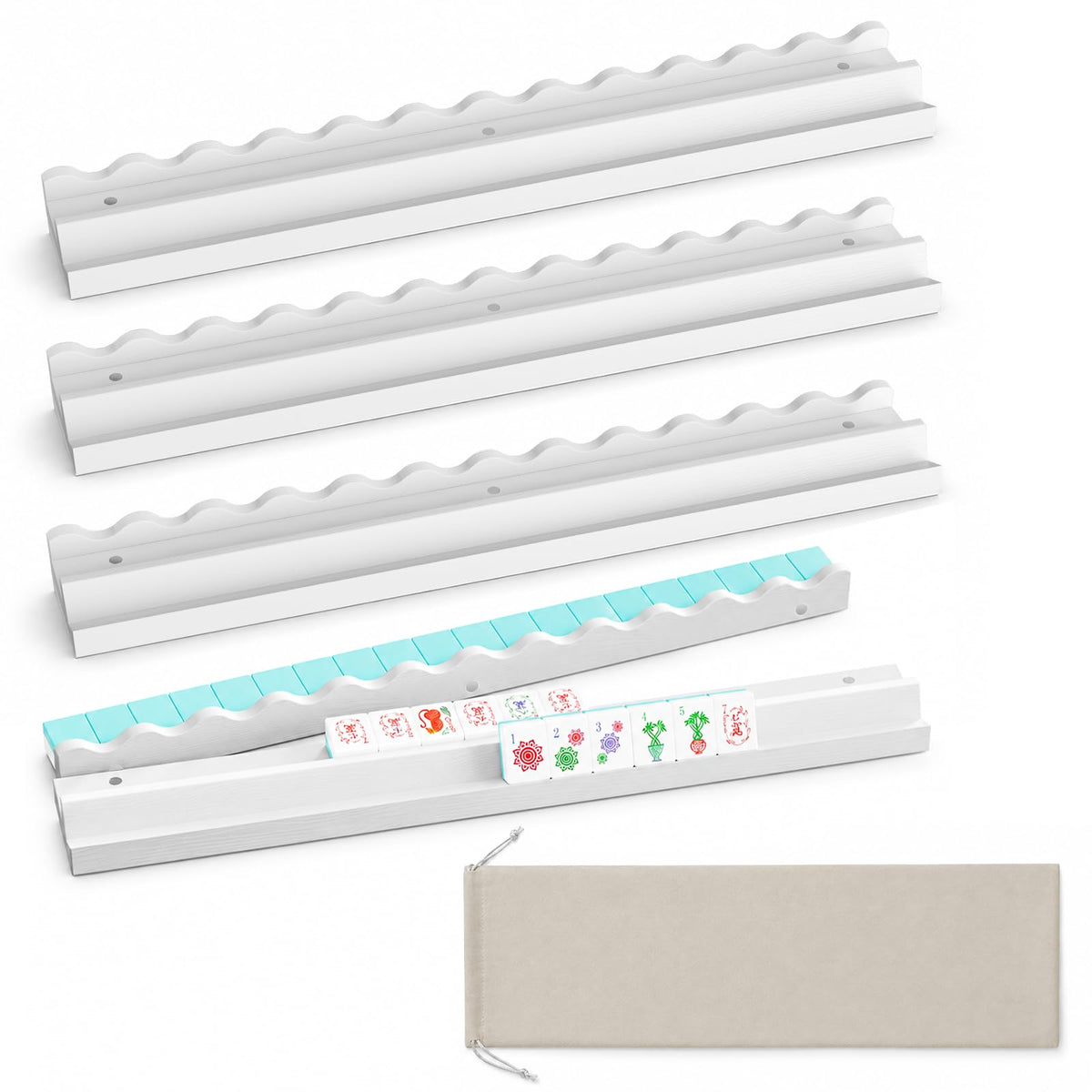White Scalloped Wooden Mahjong Racks with Pushers Set of 4 N46160