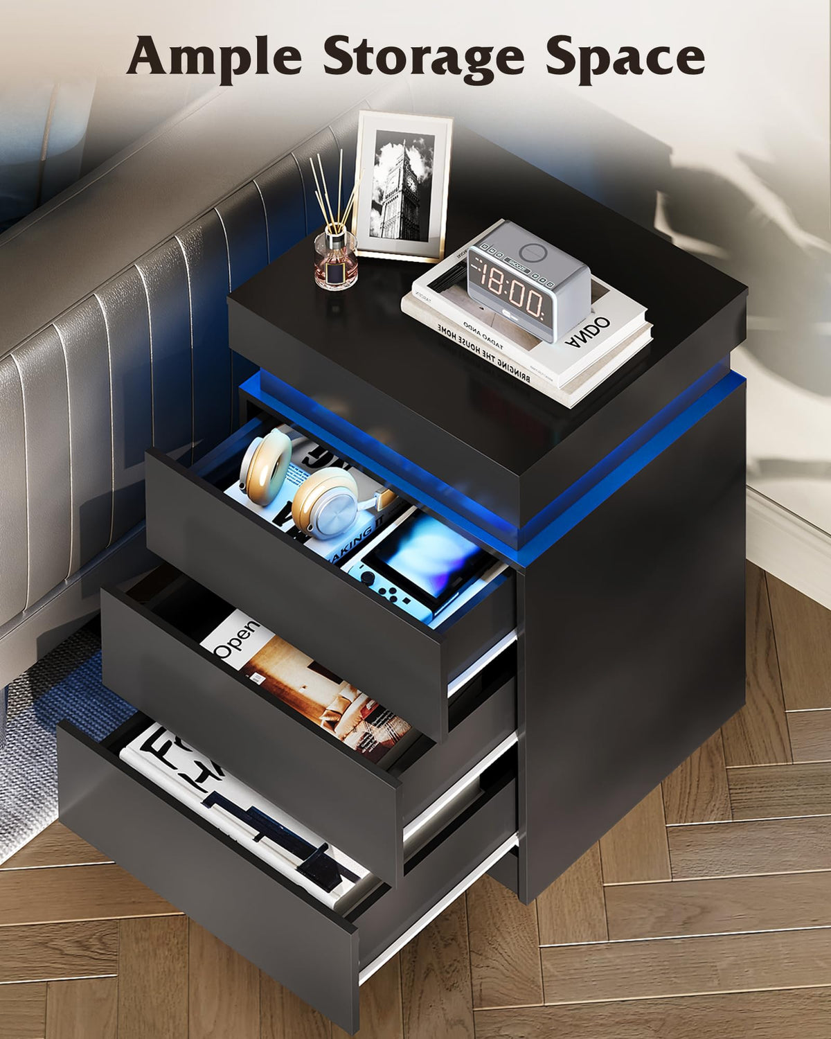 Black Nightstand with Charging Station J706