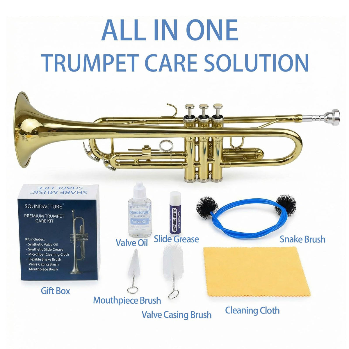 Trumpet Cleaning Kit with Valve Oil, Slide Grease, Brushes & Cloth L686414