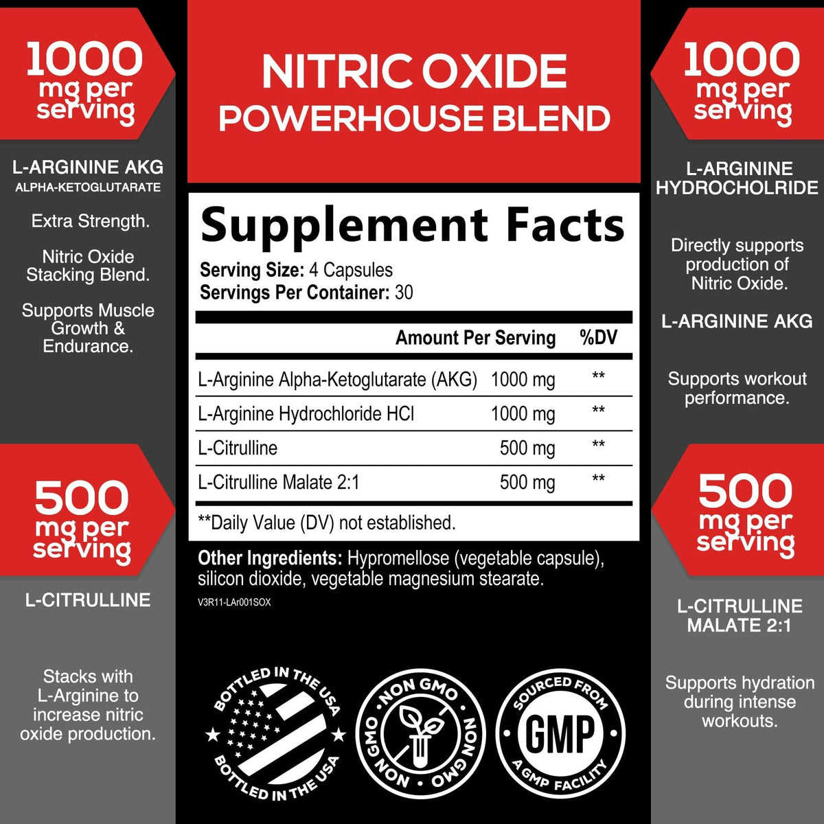 Nitric Oxide Supplement 3000mg Blend L-Arginine & L-Citrulline 120 Capsules V1953