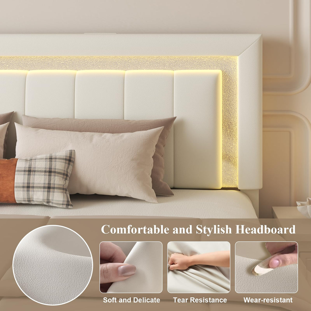 White Upholstered Full Bed Frame with Storage Drawers F3477