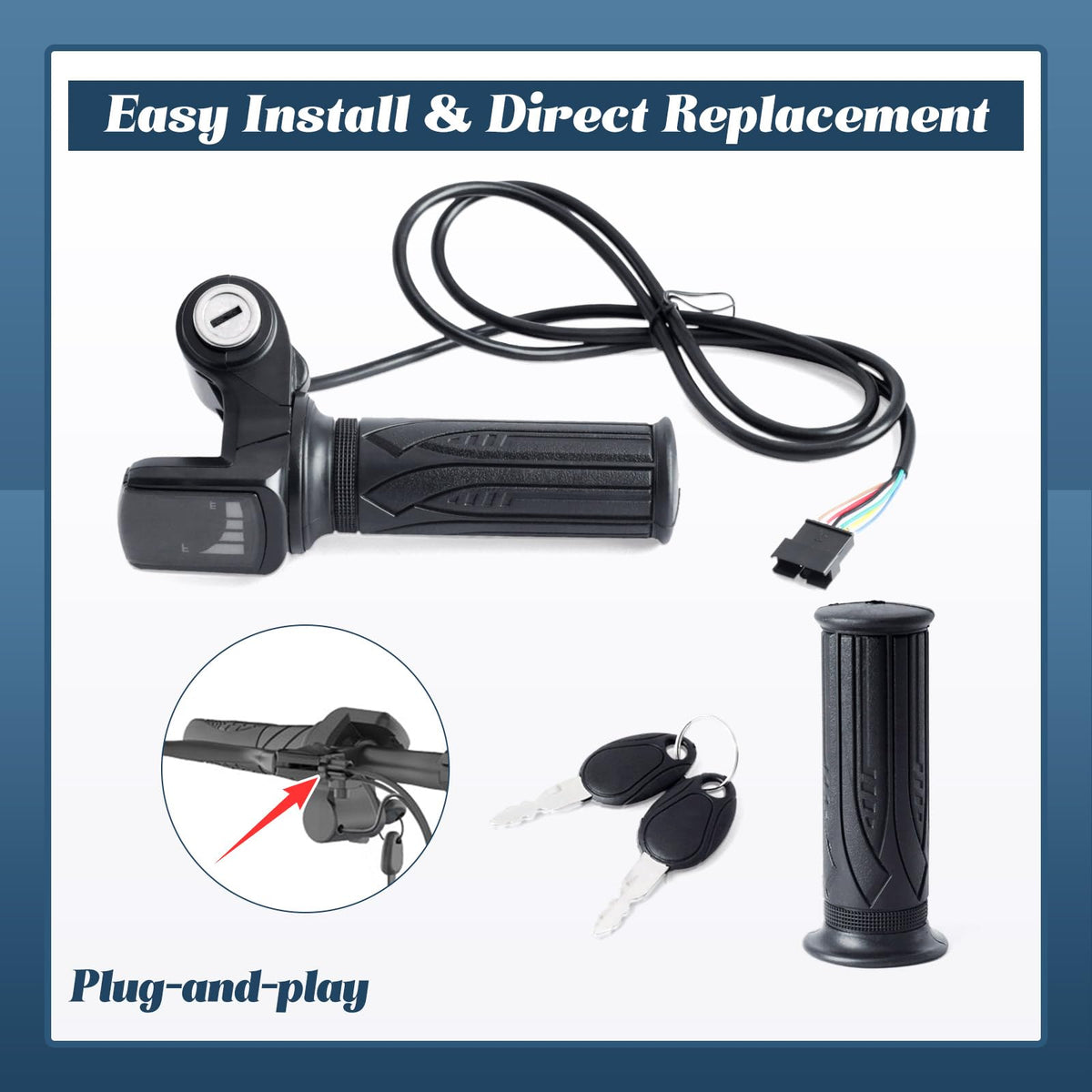 36V E-Scooter Throttle Replacement with Display Light Switch Lock 2 Keys Twist Accelerator Handle Grip 6-Pin V904163