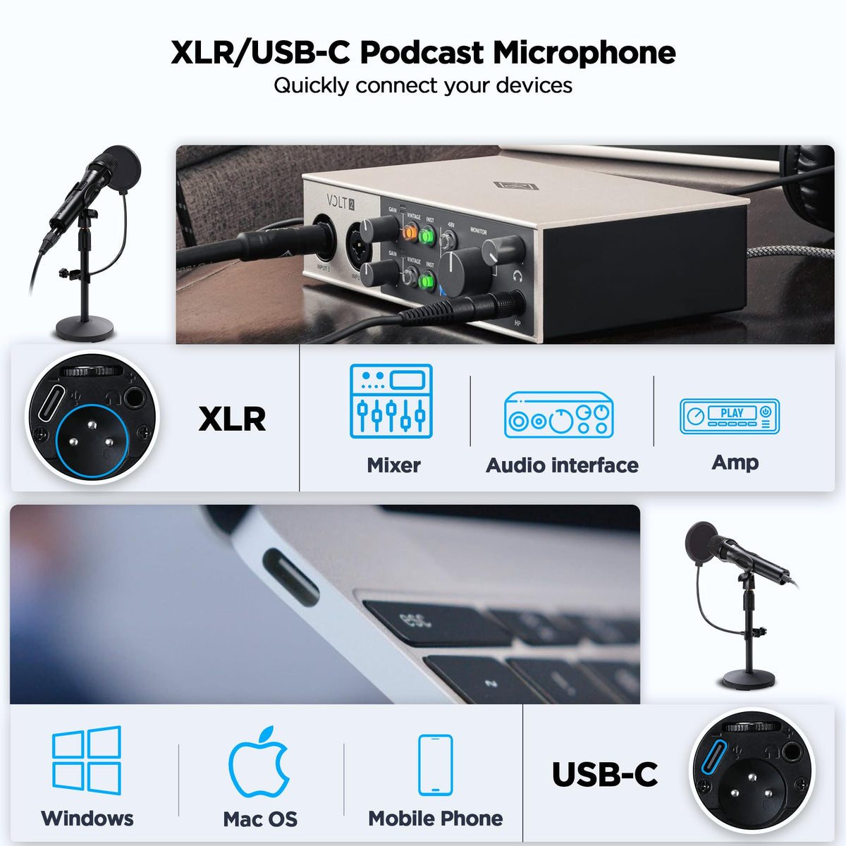 USB Dynamic Microphone with Desktop Stand, Pop Filter, Headphone Jack Y603041