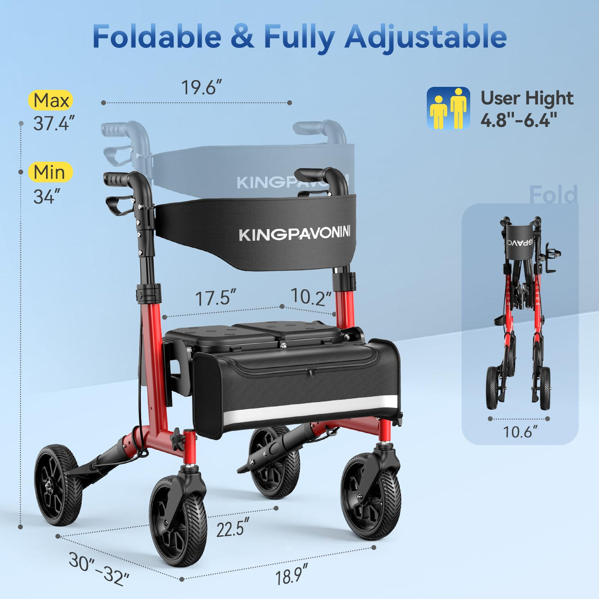 Foldable Rollator Walker with Seat, 380 lbs, Red R204