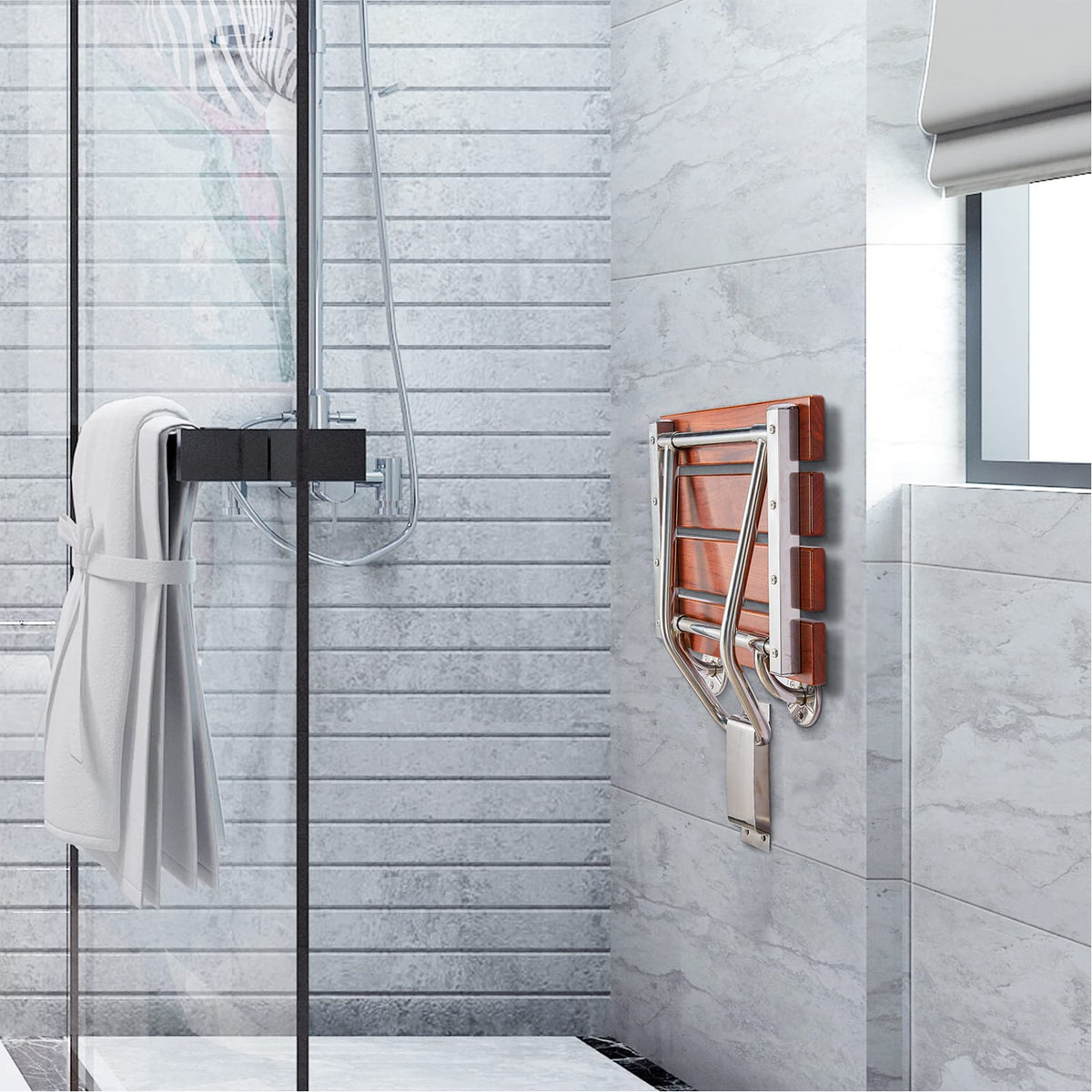 Teak Wood Wall Mounted Folding Shower Seat and Bench 350lb Capacity R9445
