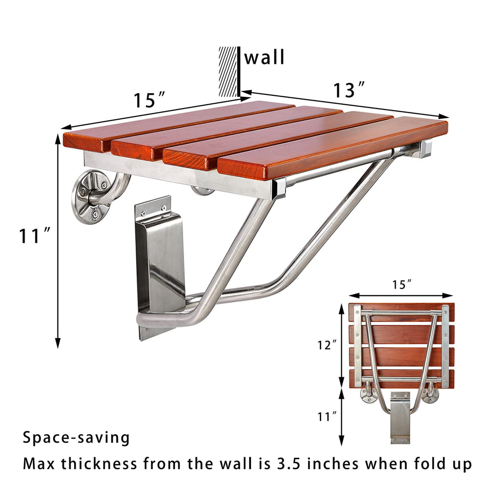 Teak Wood Wall Mounted Folding Shower Seat and Bench 350lb Capacity R9445