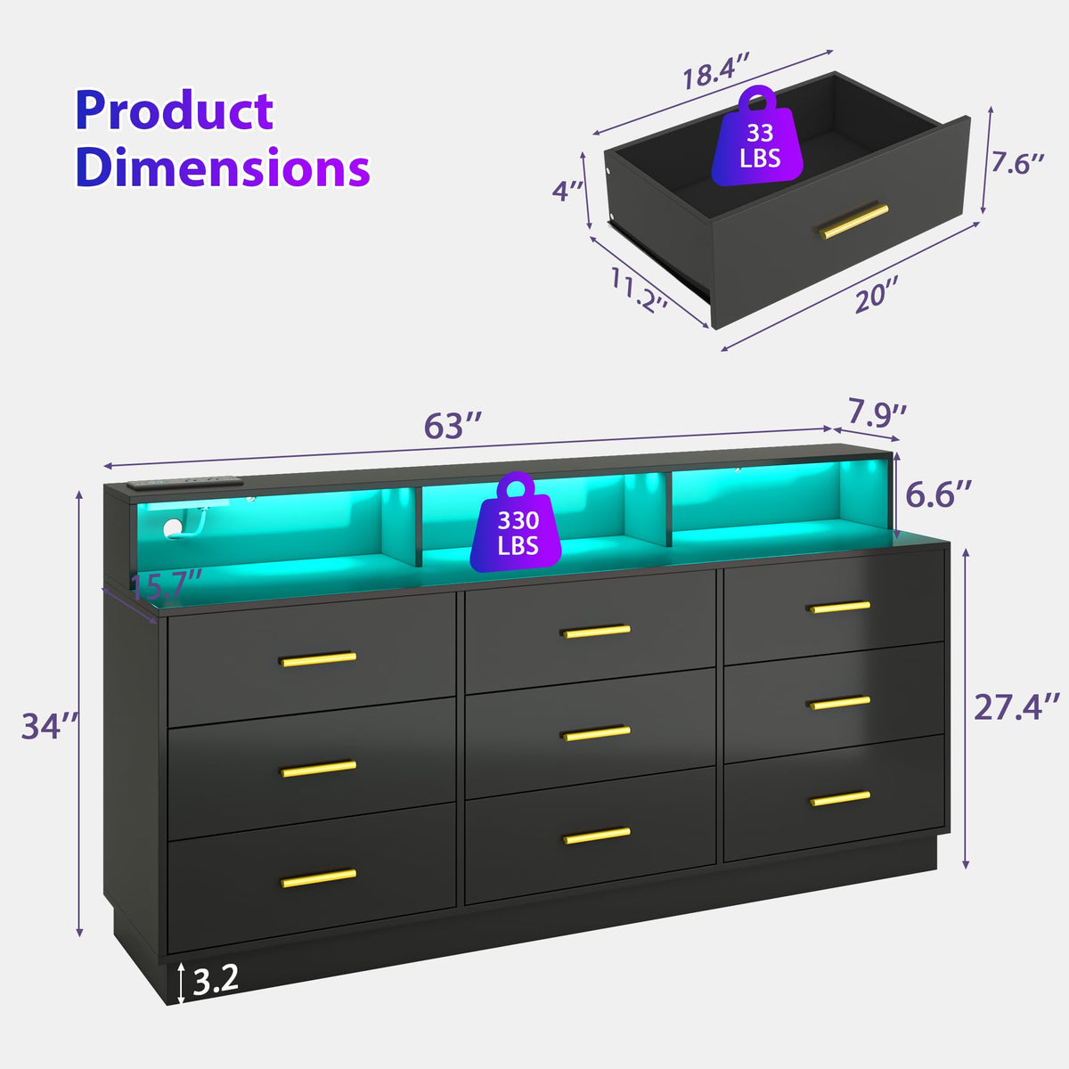 Black 9 Drawer Wood Dresser with LED Light and Power Outlet E629971