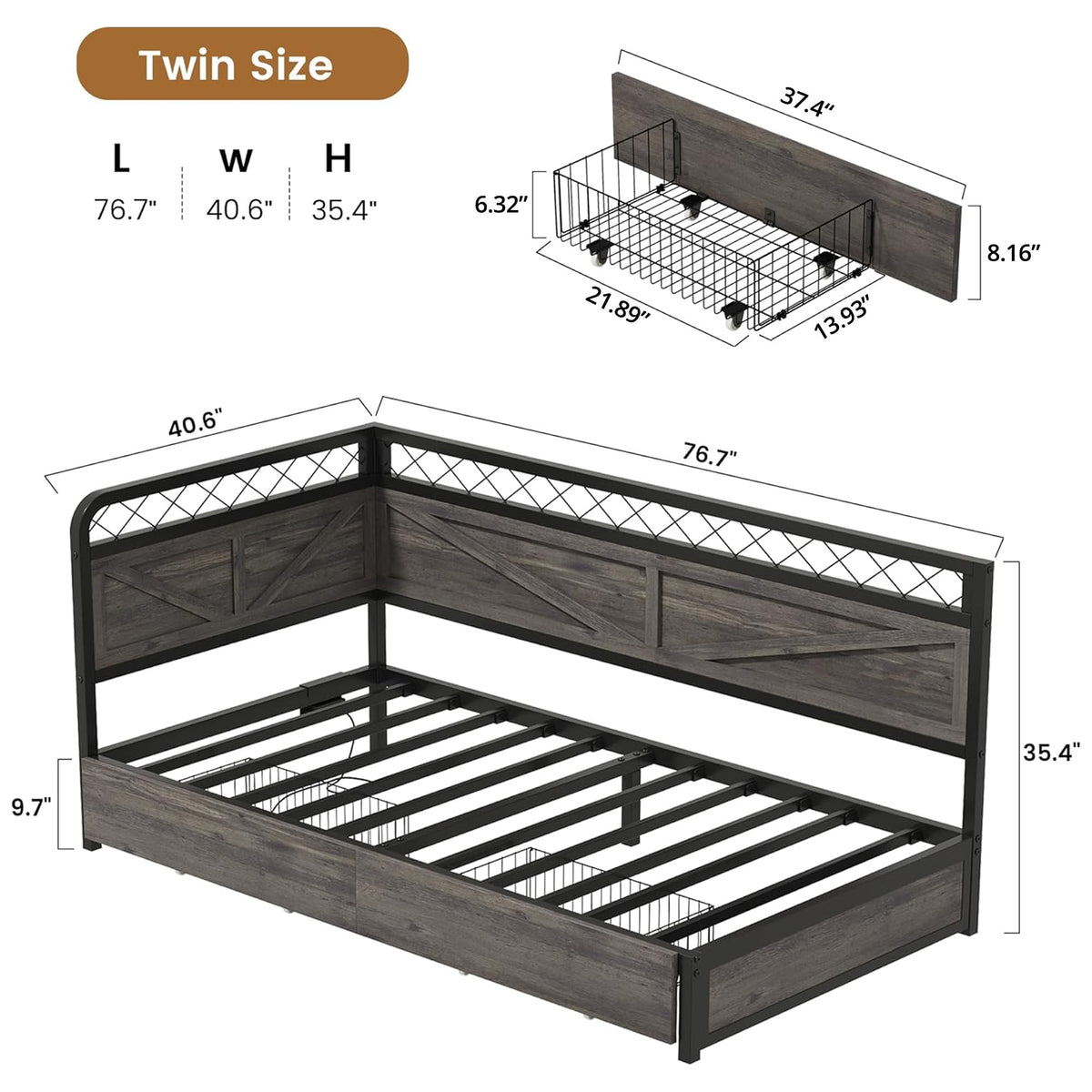 Twin Corner Bed Frame with Storage Drawers Z6049