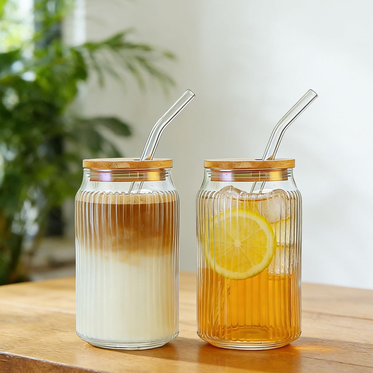 2 PCS 16 OZ Ribbed Glass Tumbler with Lids and Straws H597