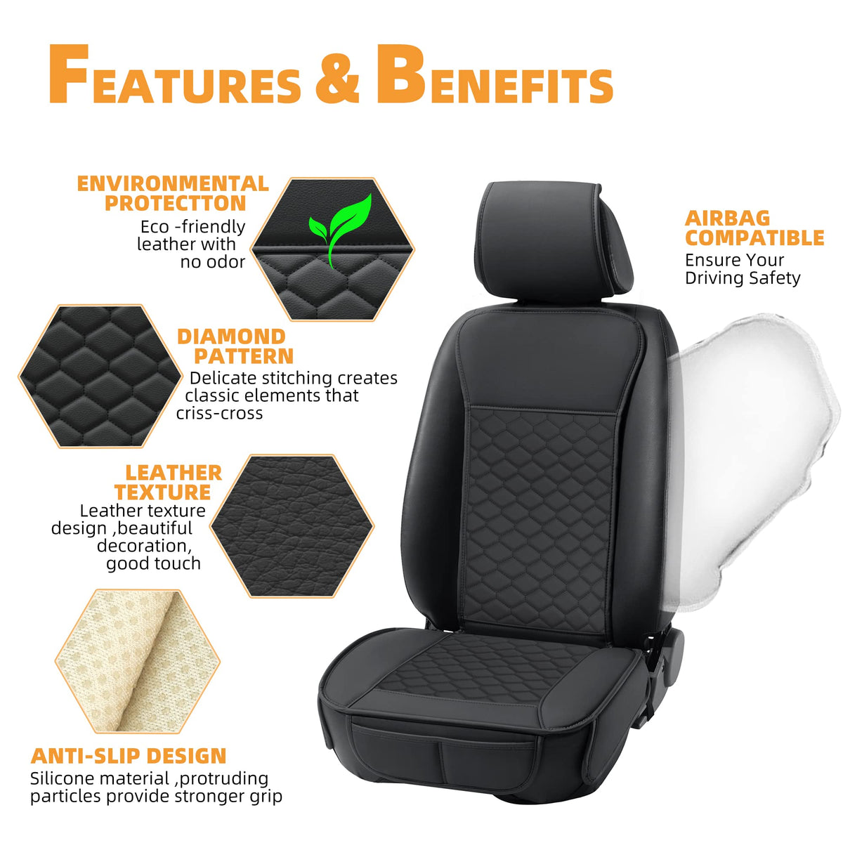 Leather Waterproof Car Seat Cover Full Set Black M9499