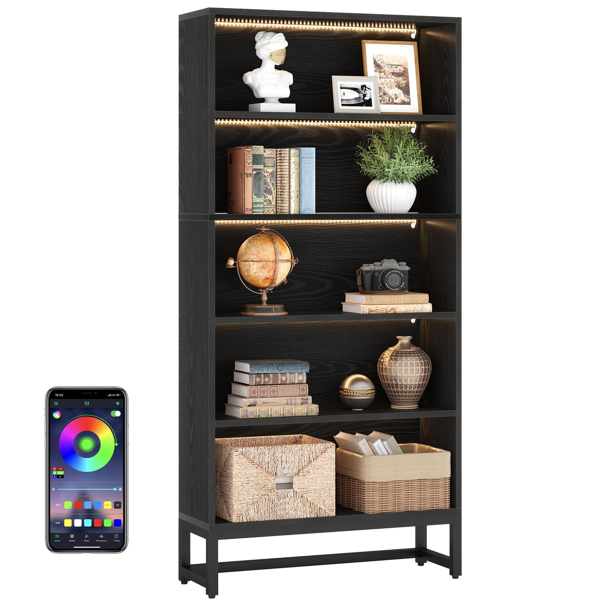 Black 70.8” 5-Tier Bookcase with LED Lights J632