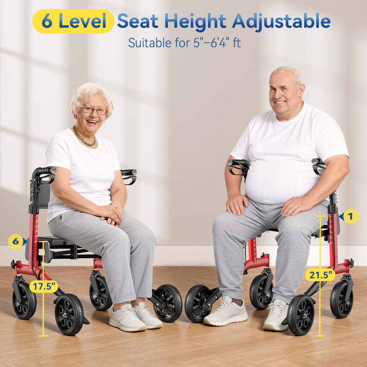 Foldable Rollator Walker with Seat, 380 lbs, Red R204