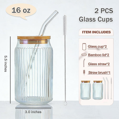 2 PCS 16 OZ Ribbed Glass Tumbler with Lids and Straws H597