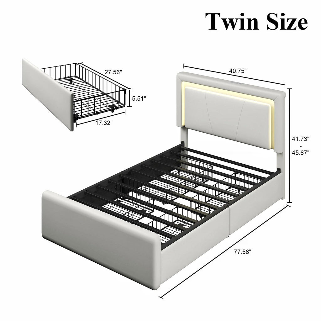 White Upholstered Twin Size Bed Frame with 4 Storage Drawers Z857359