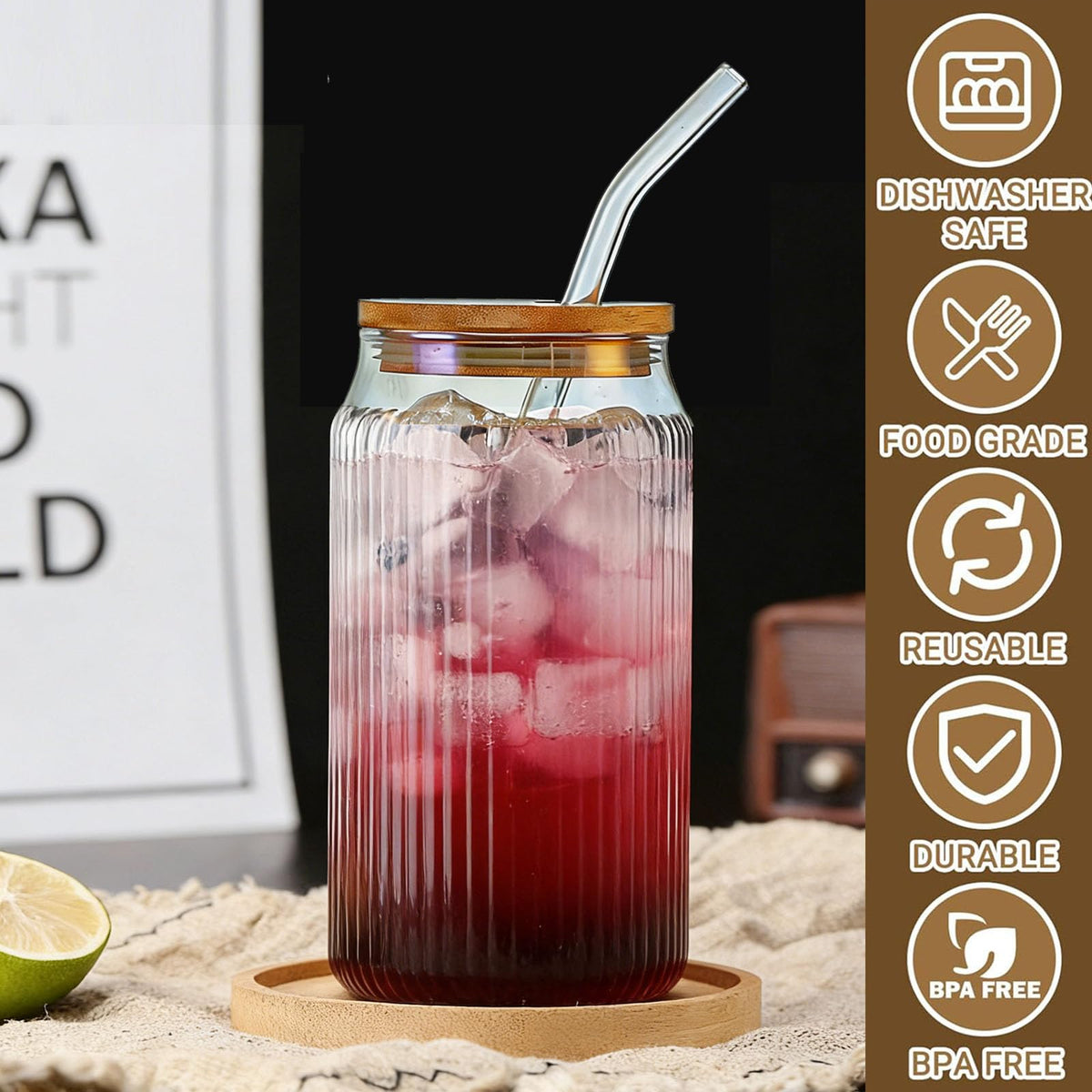 2 PCS 16 OZ Ribbed Glass Tumbler with Lids and Straws H597