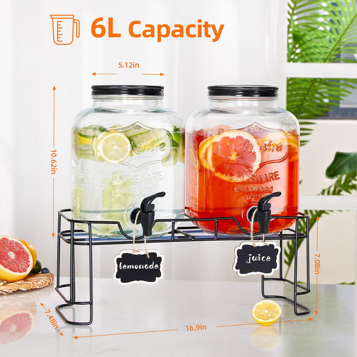 2pcs 1.5 Gallon Glass Drink Dispenser with Metal Stand G57631