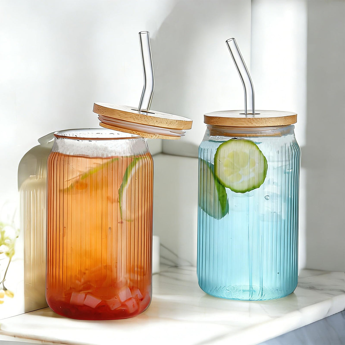 2 PCS 16 OZ Ribbed Glass Tumbler with Lids and Straws H597