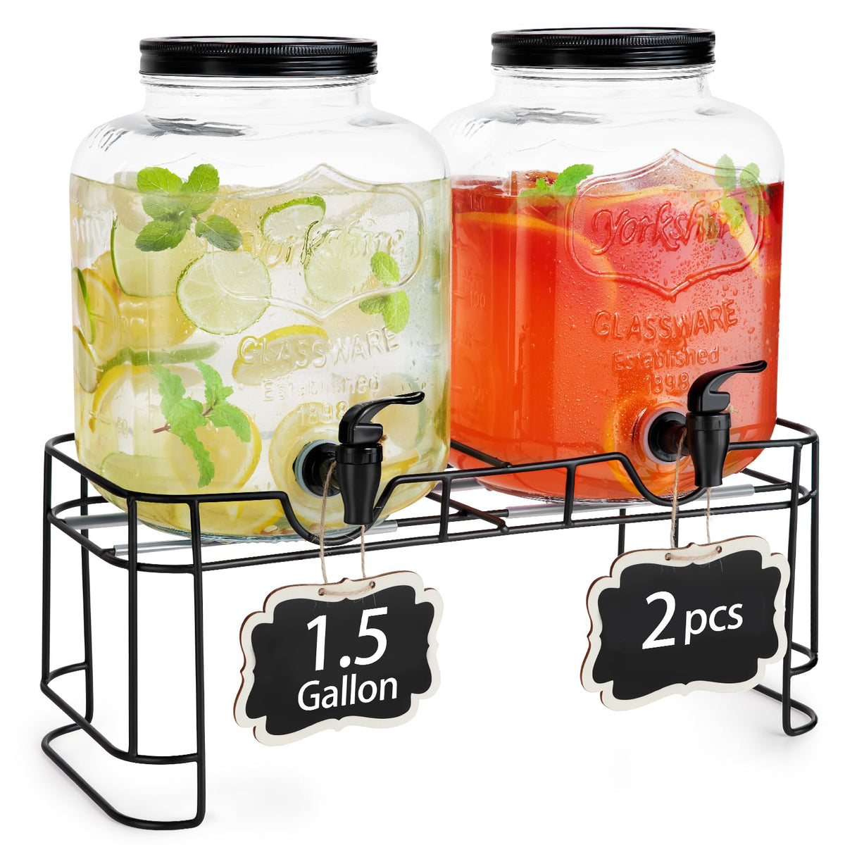 2pcs 1.5 Gallon Glass Drink Dispenser with Metal Stand G57631