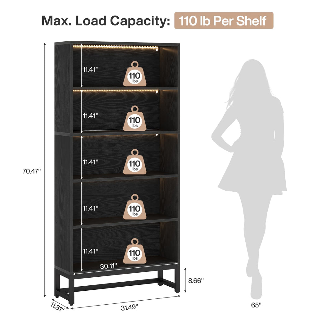 Black 70.8” 5-Tier Bookcase with LED Lights J632