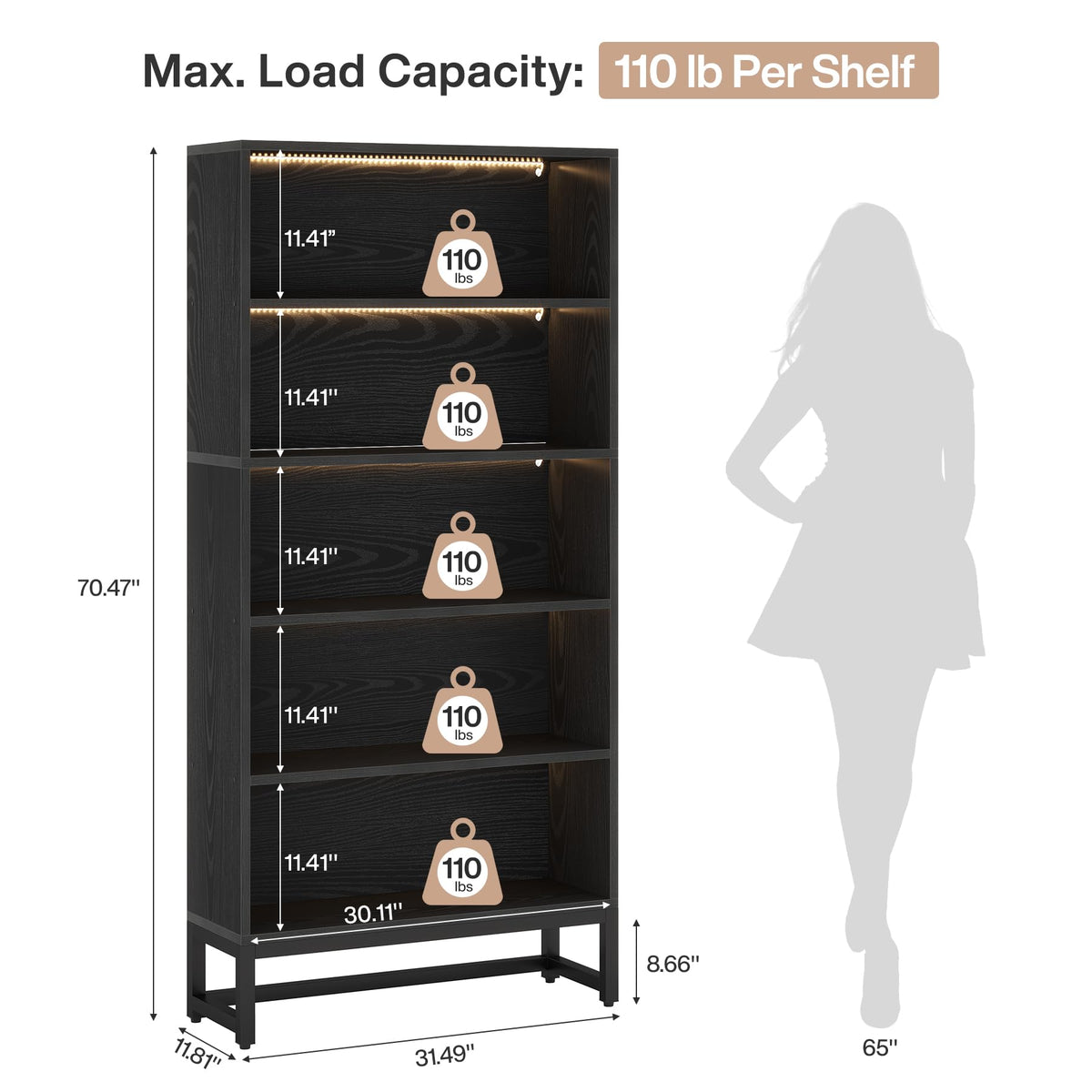 Black 70.8” 5-Tier Bookcase with LED Lights J632