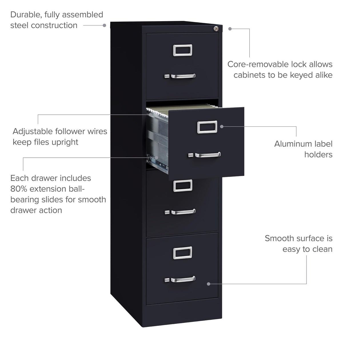 22" Deep 4 Drawer Letter Width Steel Vertical File Cabinet, Black P910689
