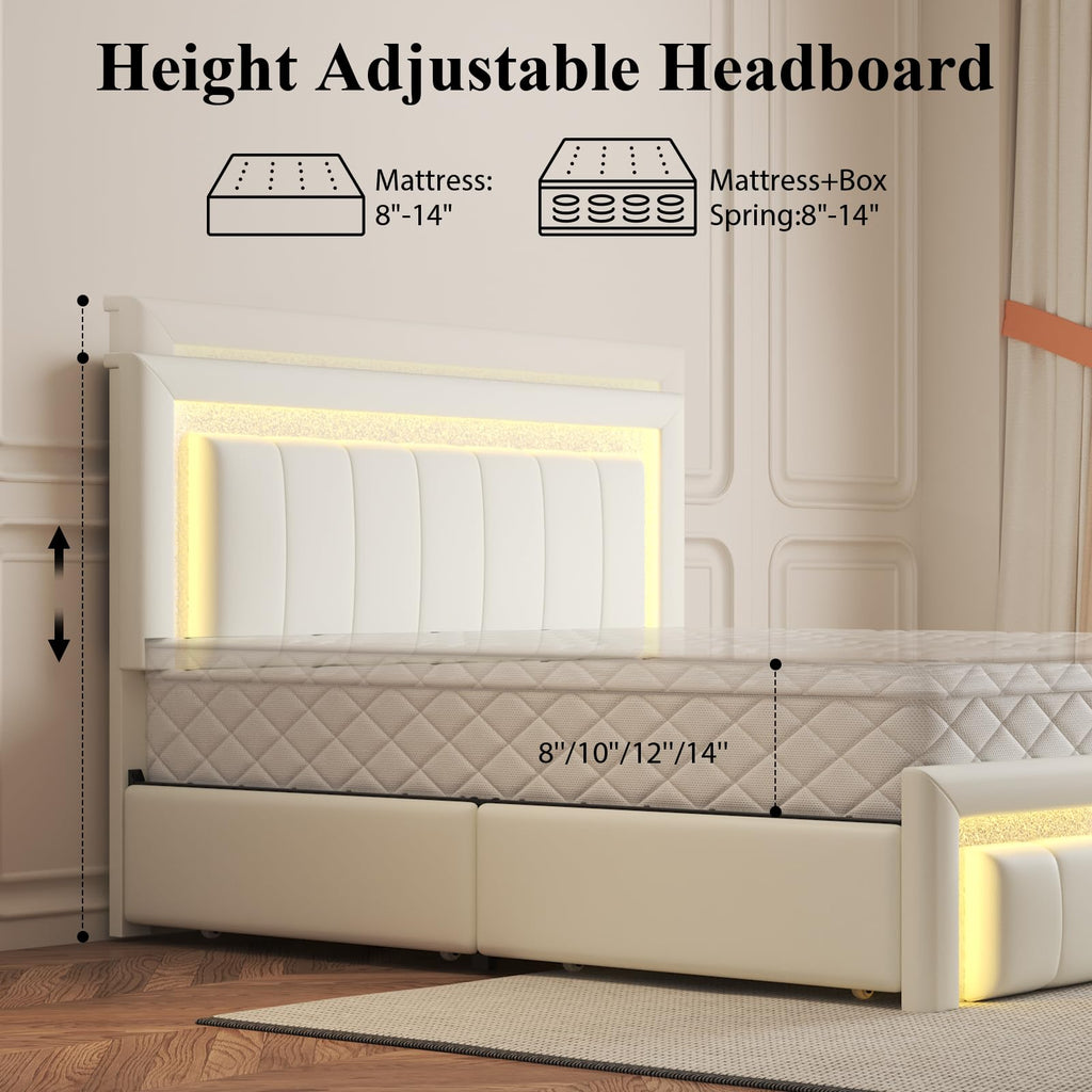 White Upholstered Full Bed Frame with Storage Drawers F3477
