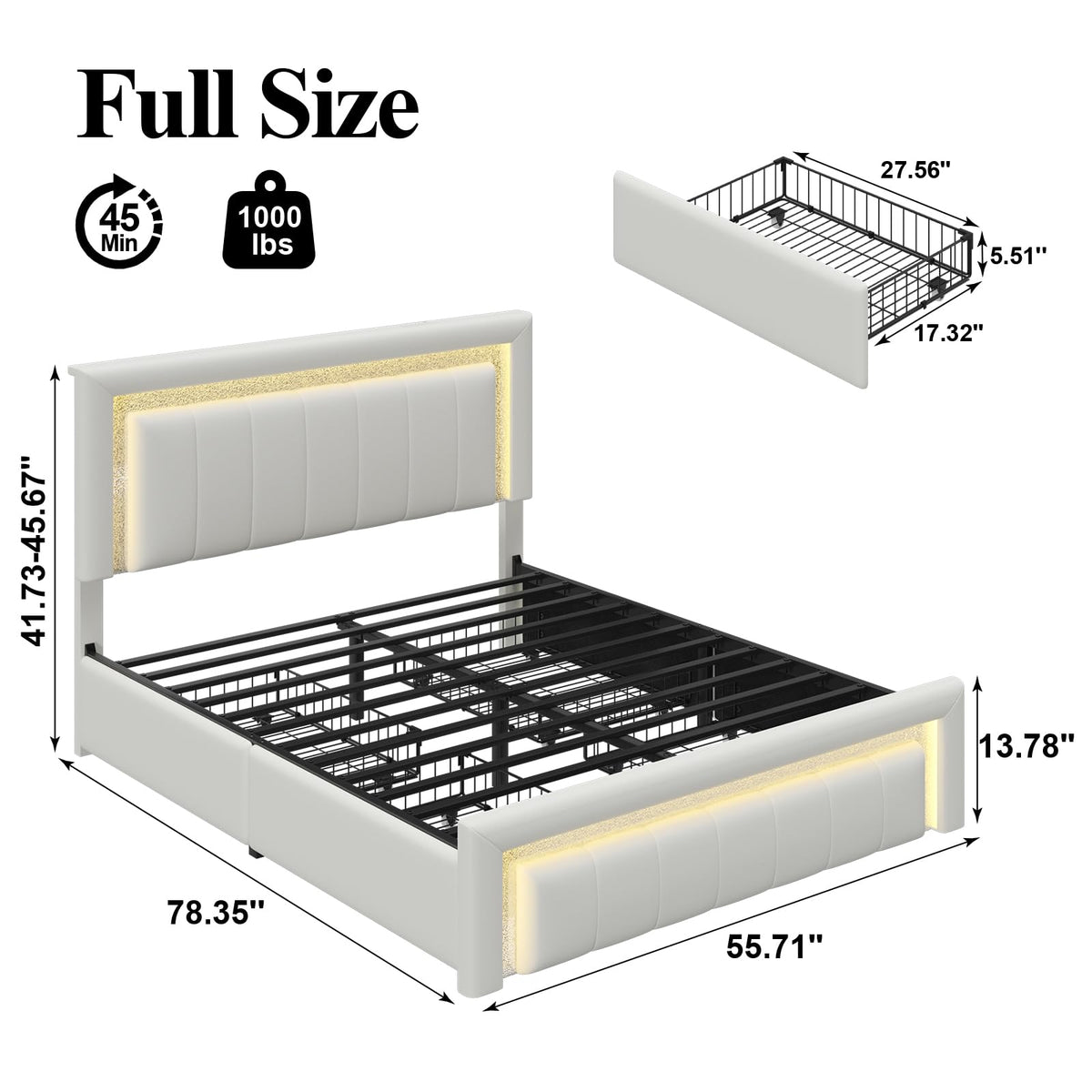 White Upholstered Full Bed Frame with Storage Drawers F3477