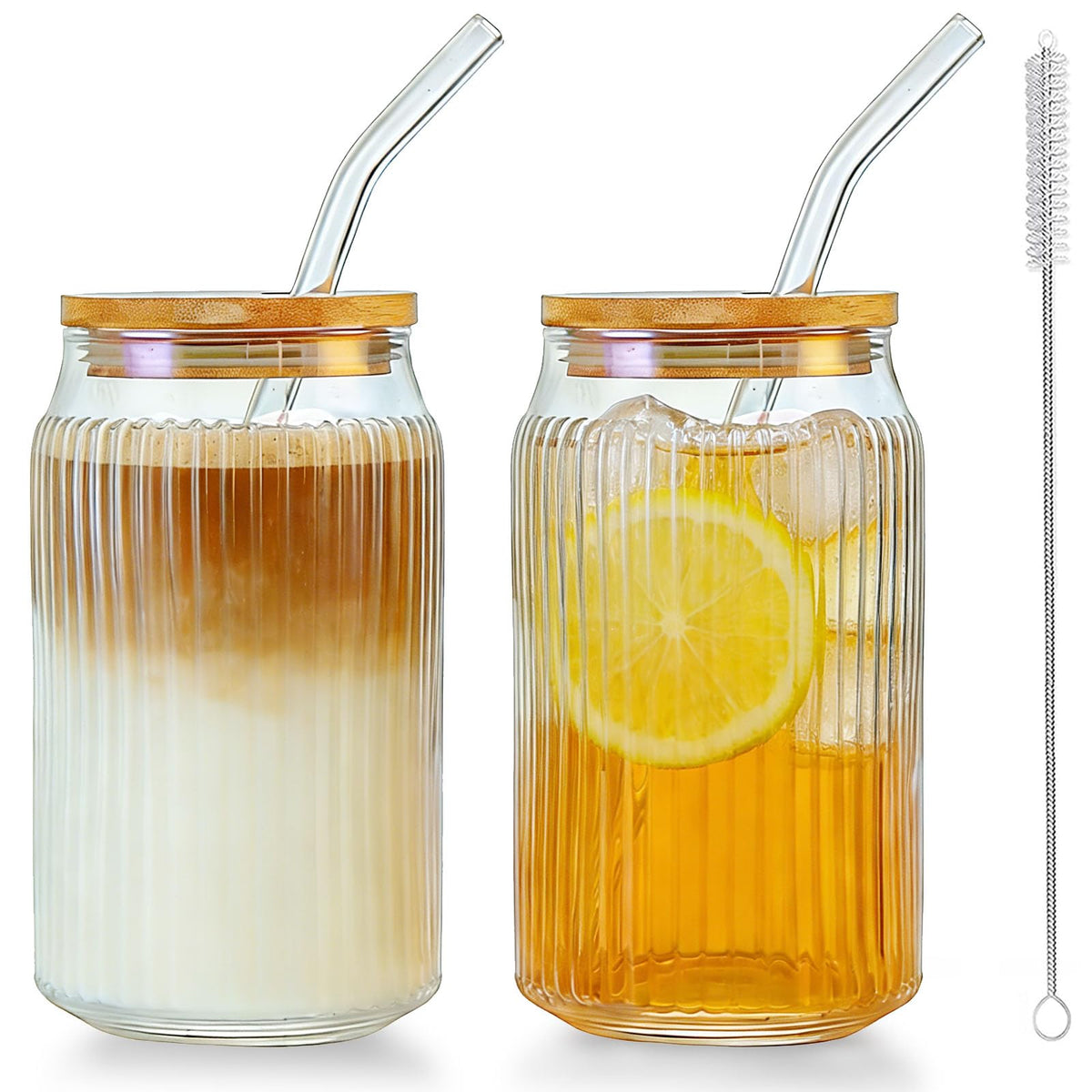 2 PCS 16 OZ Ribbed Glass Tumbler with Lids and Straws H597