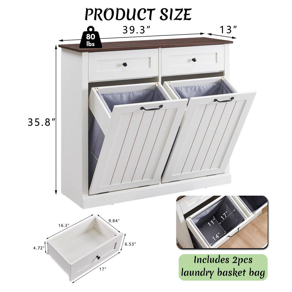 Double Tilt Out Laundry Hamper Cabinet Antique White M4108