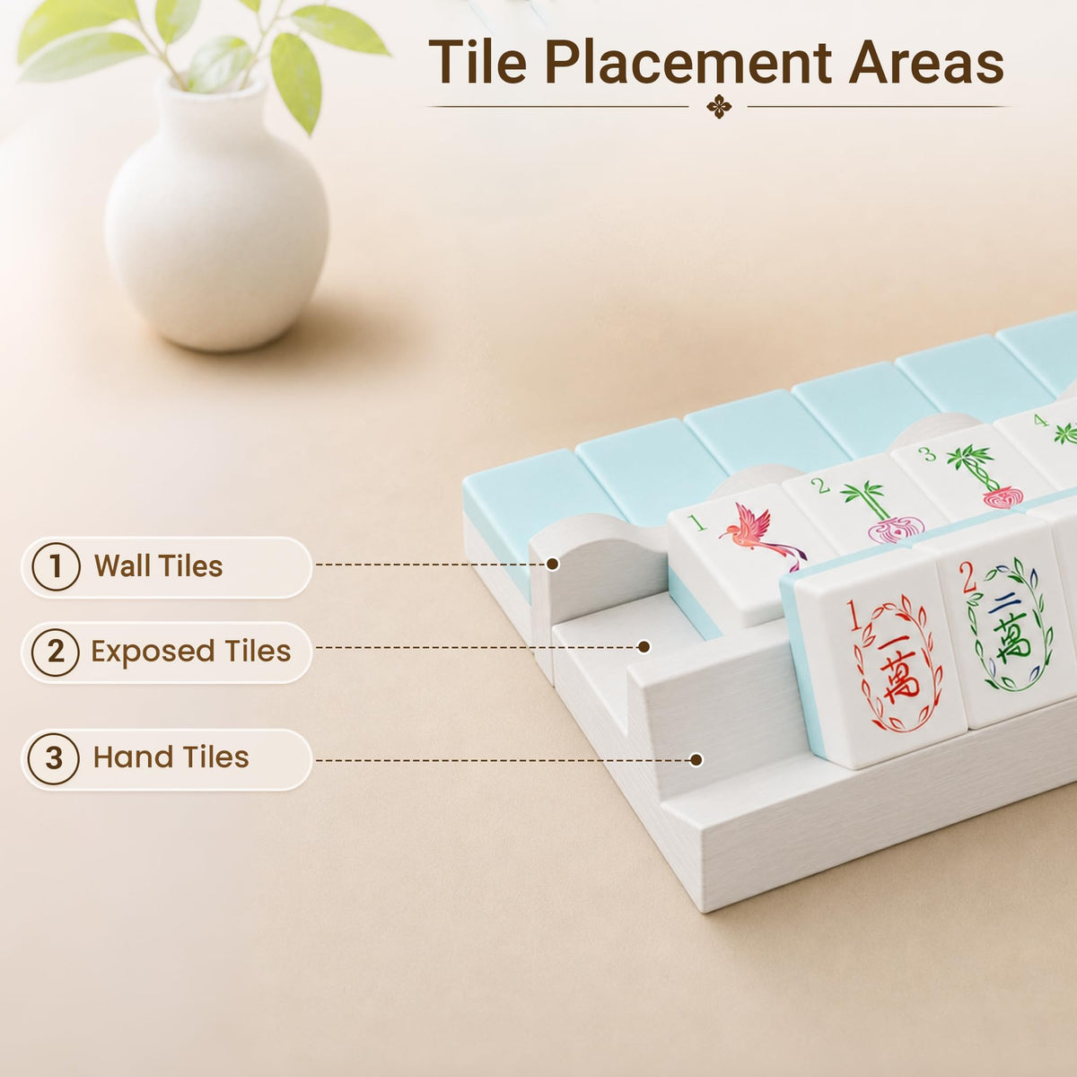 White Scalloped Wooden Mahjong Racks with Pushers Set of 4 N46160