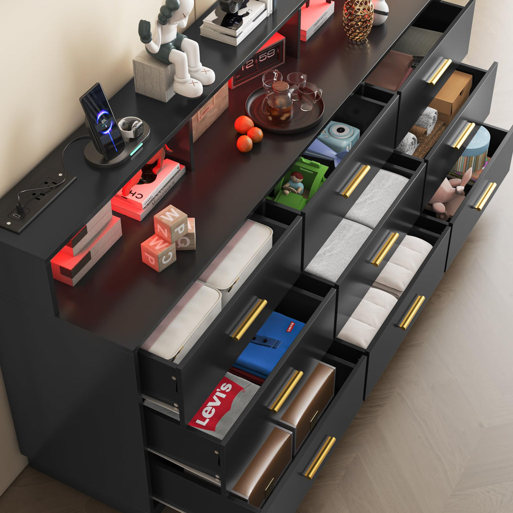 Black 9 Drawer Wood Dresser with LED Light and Power Outlet E629971