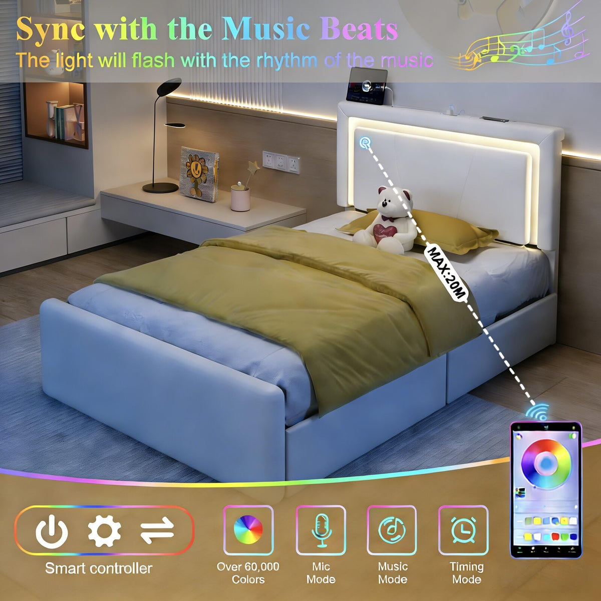 White Upholstered Twin Size Bed Frame with 4 Storage Drawers Z857359