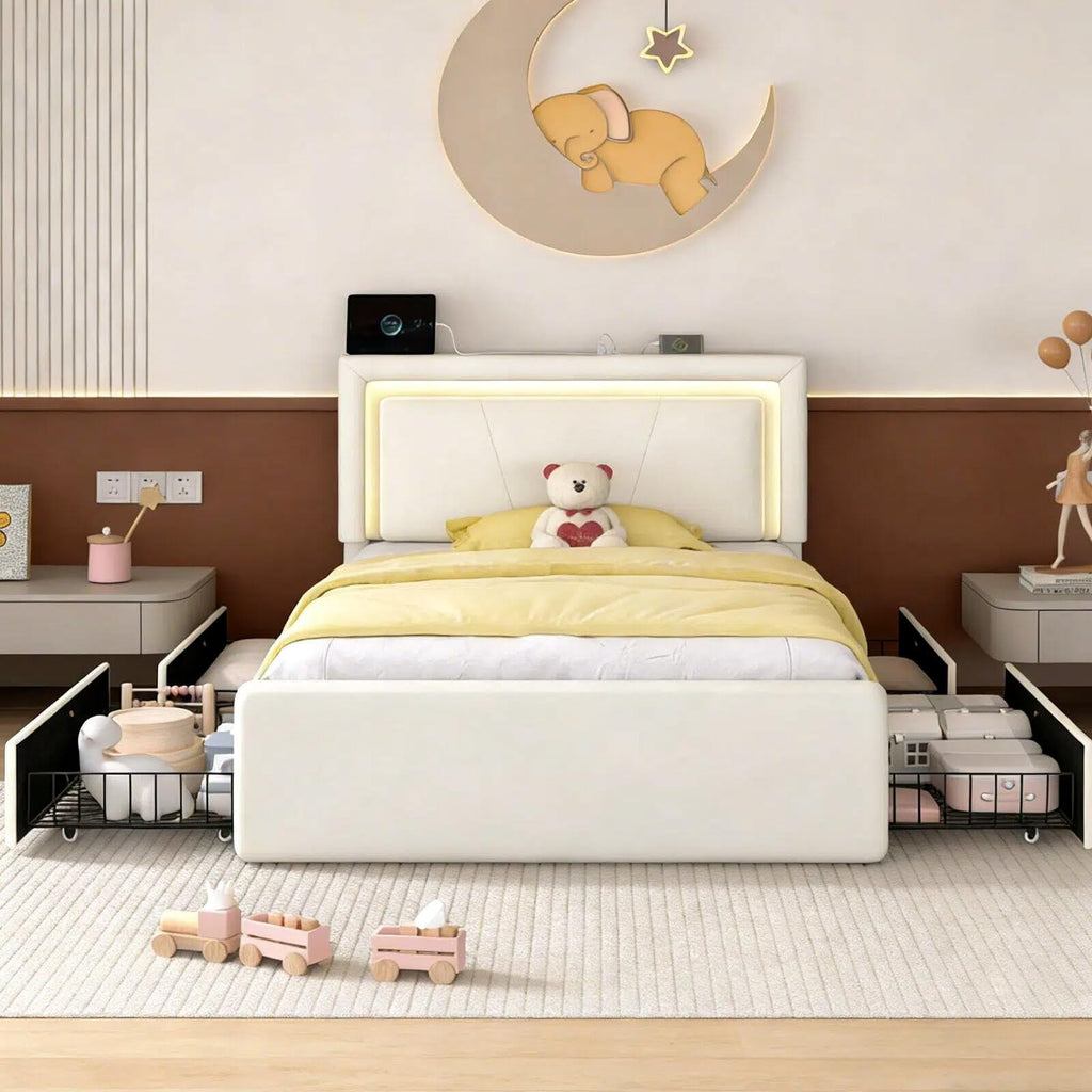 White Upholstered Twin Size Bed Frame with 4 Storage Drawers Z857359