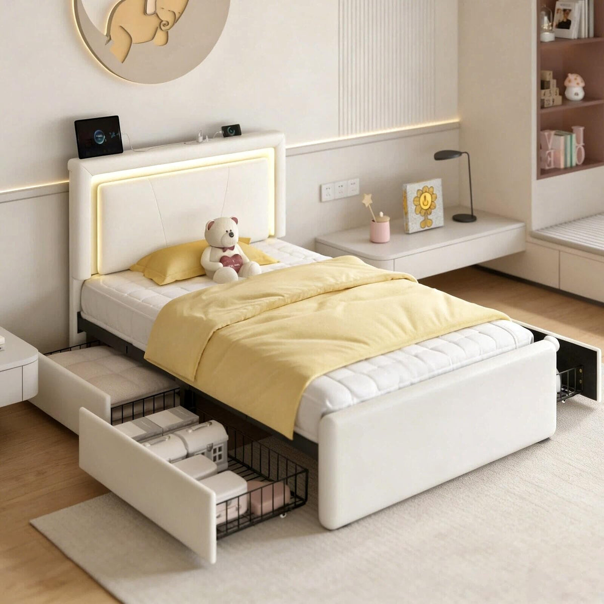 White Upholstered Twin Size Bed Frame with 4 Storage Drawers Z857359