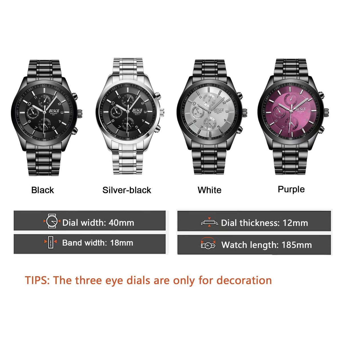 40mm Analog Watch with Auto Date & Day Display, Stainless Steel, 30M Waterproof H831598