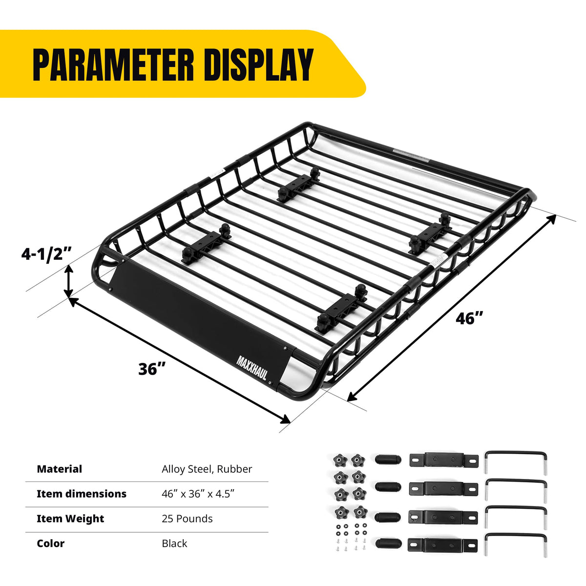 Steel Roof Rack Cargo Basket, 46" x 36" x 4.5", 150 lb Capacity R850