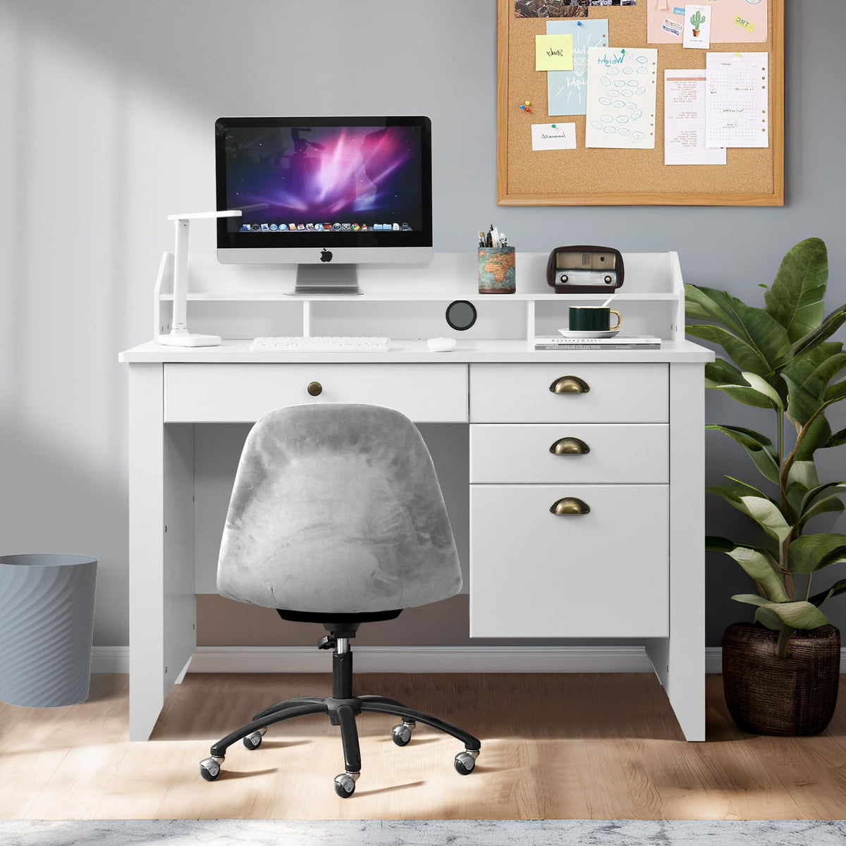White Computer Desk with Drawers and Hutch B18459