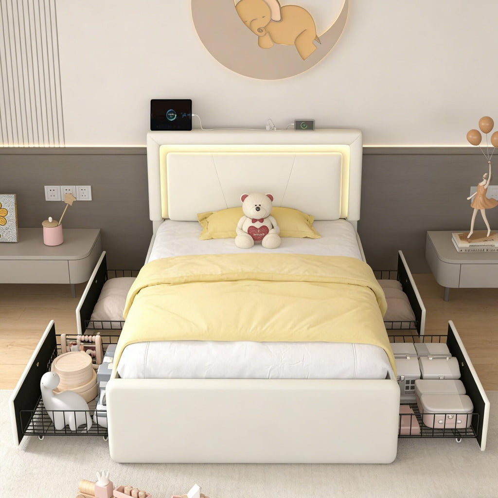 White Upholstered Twin Size Bed Frame with 4 Storage Drawers Z857359