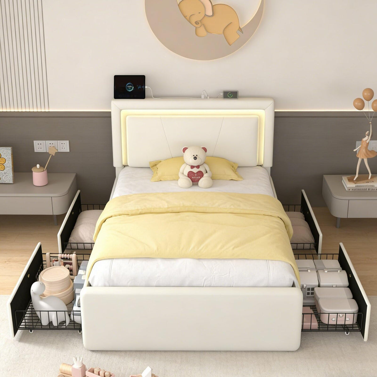 White Upholstered Twin Size Bed Frame with 4 Storage Drawers Z857359