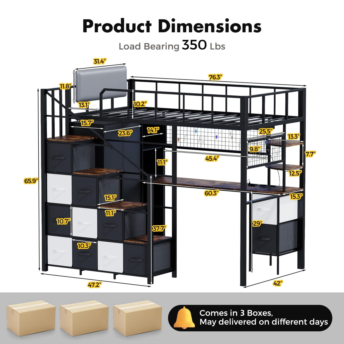 Twin Size Metal Loft Bed with Desk, Stairs, LED Light, Headboard, Guardrail, Charging Station, Closet and Fabric Drawers, Black & Burnt Wood S379
