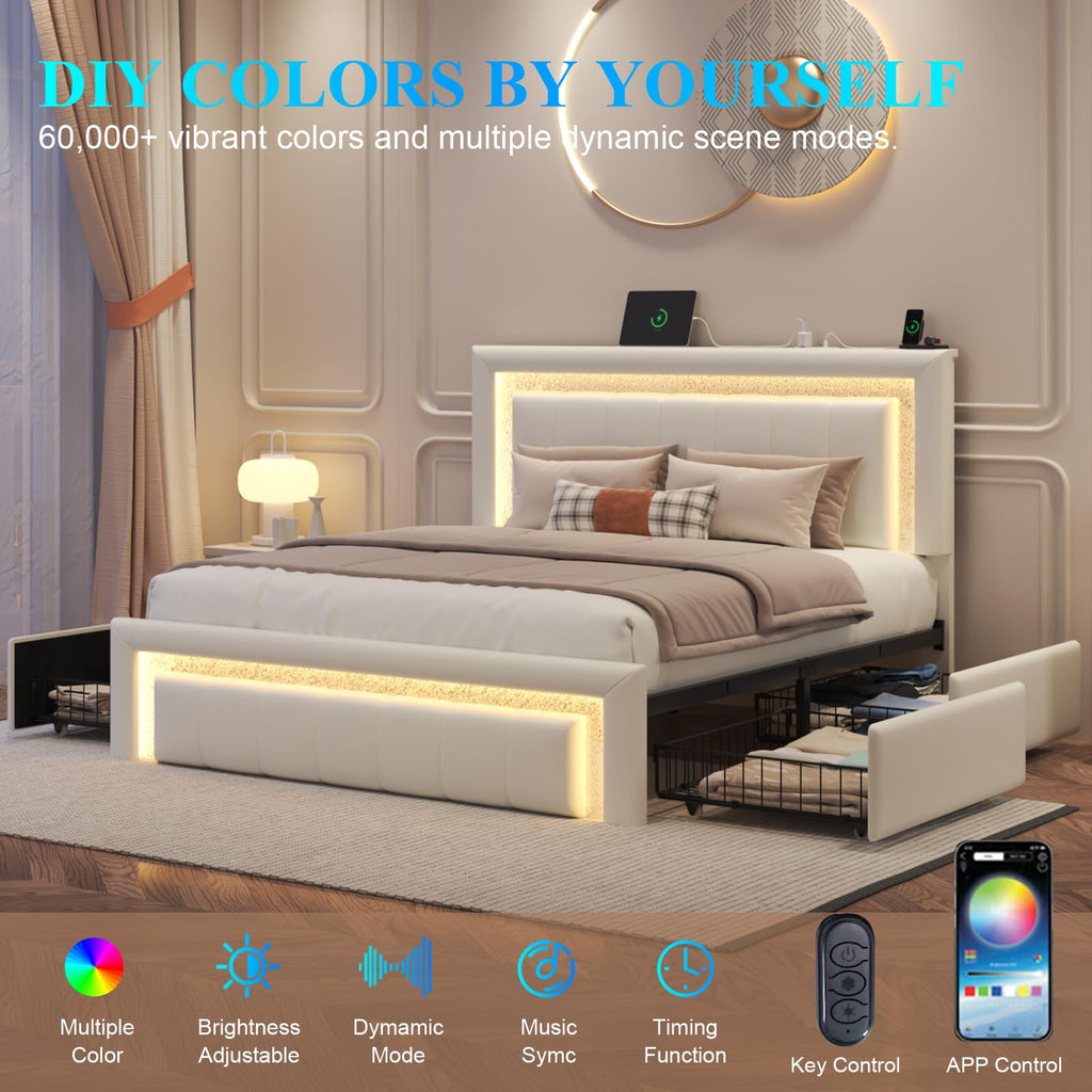 White Upholstered Full Bed Frame with Storage Drawers F3477