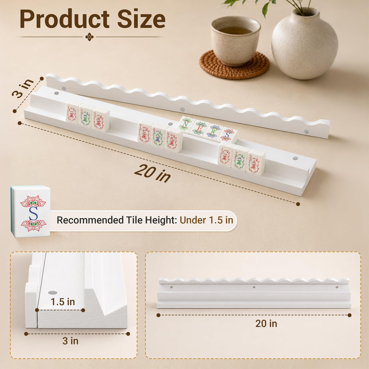 White Scalloped Wooden Mahjong Racks with Pushers Set of 4 N46160