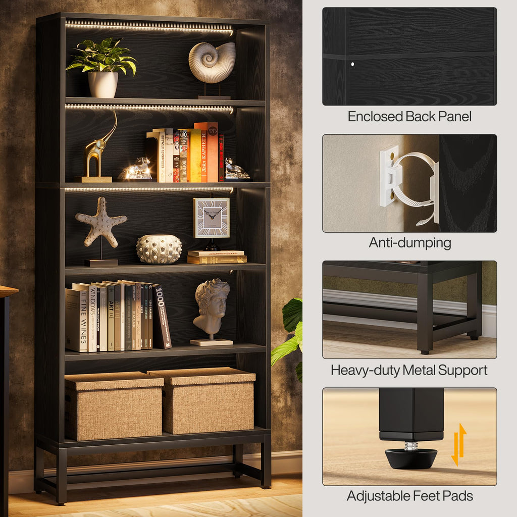Black 70.8” 5-Tier Bookcase with LED Lights J632