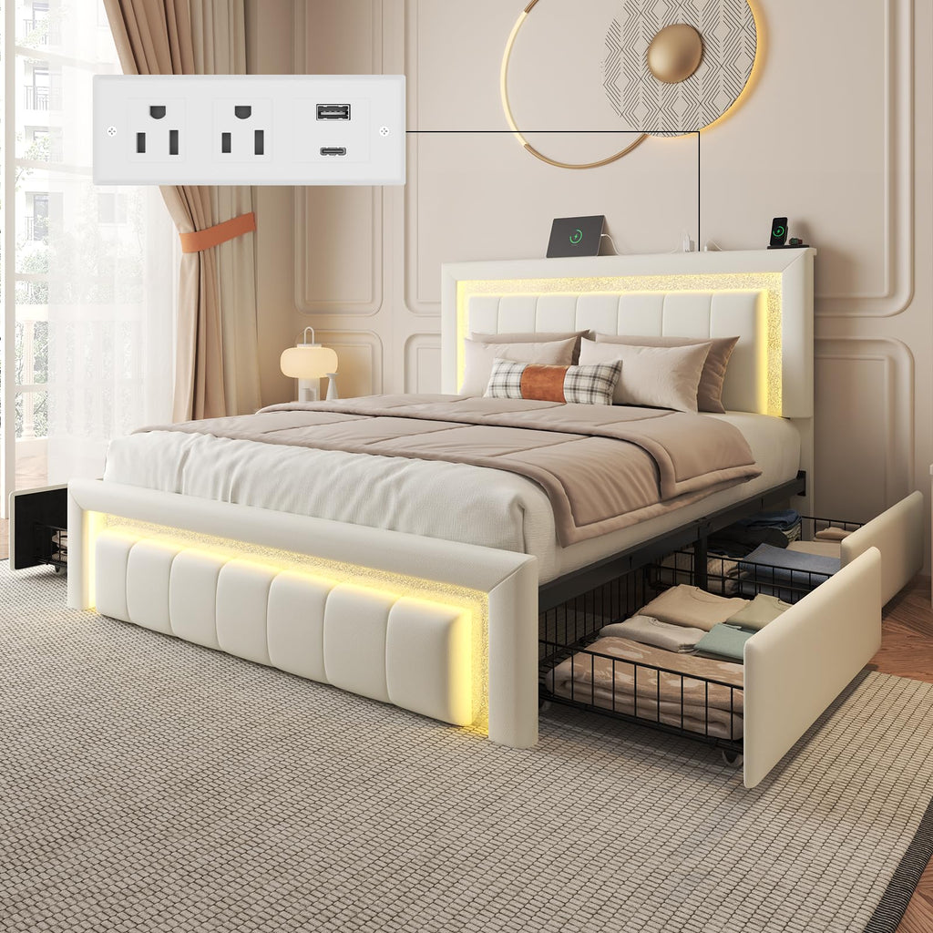 White Upholstered Full Bed Frame with Storage Drawers F3477
