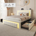 White Upholstered Full Bed Frame with Storage Drawers F3477