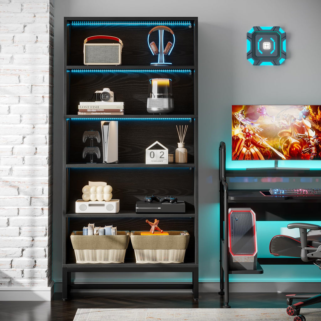 Black 70.8” 5-Tier Bookcase with LED Lights J632