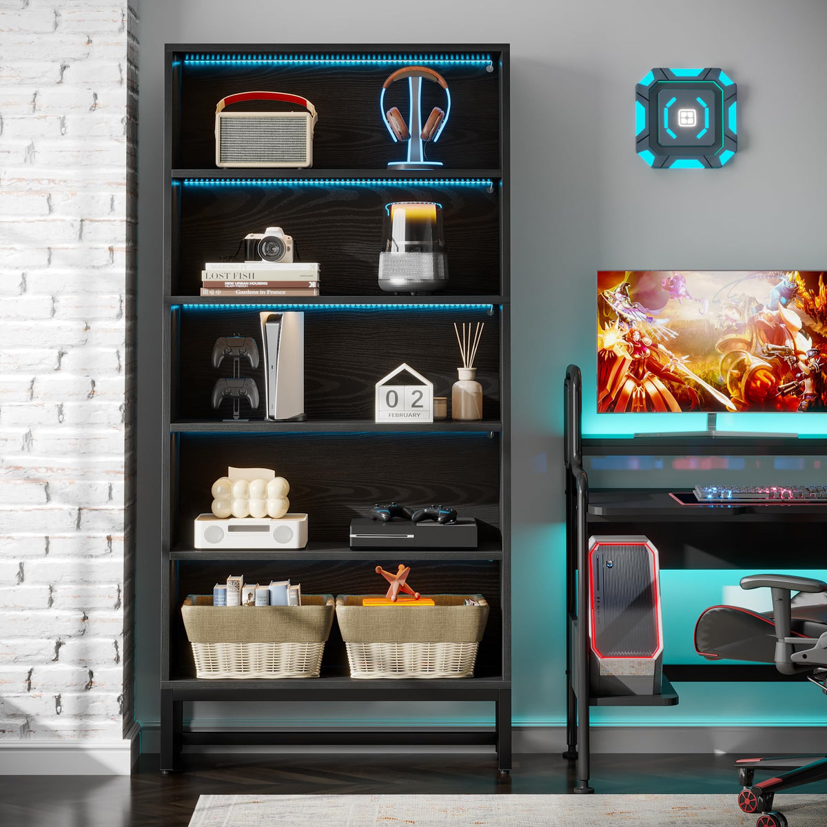 Black 70.8” 5-Tier Bookcase with LED Lights J632